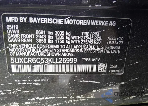 2019 BMW X5 xDrive40I from USA, damaged, VIN 5UXCR6C53KLL26999